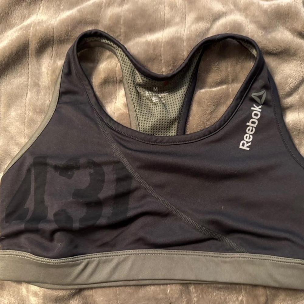 Reebok Womens Spartan Race Speedwick Sports Bra Gray Green Mesh Racerback Size M